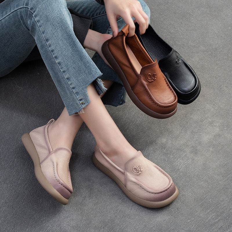 Spring First Layer Cowhide Retro Rub Colored Flat Bottom Comfort Women's Shoes - Mubimart