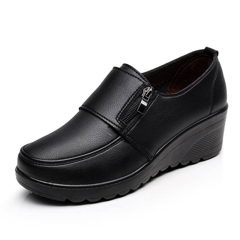 Spring And Autumn Mid Heel Soft Bottom Wedge Black Work Shoes - Mubimart