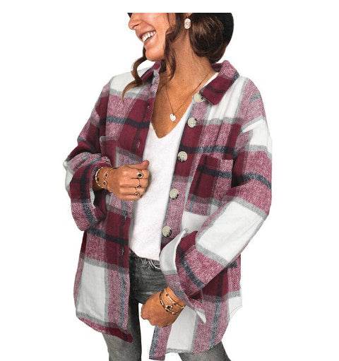 Casual Flannel Plaid Buttoned Shirt Jacket - Mubimart