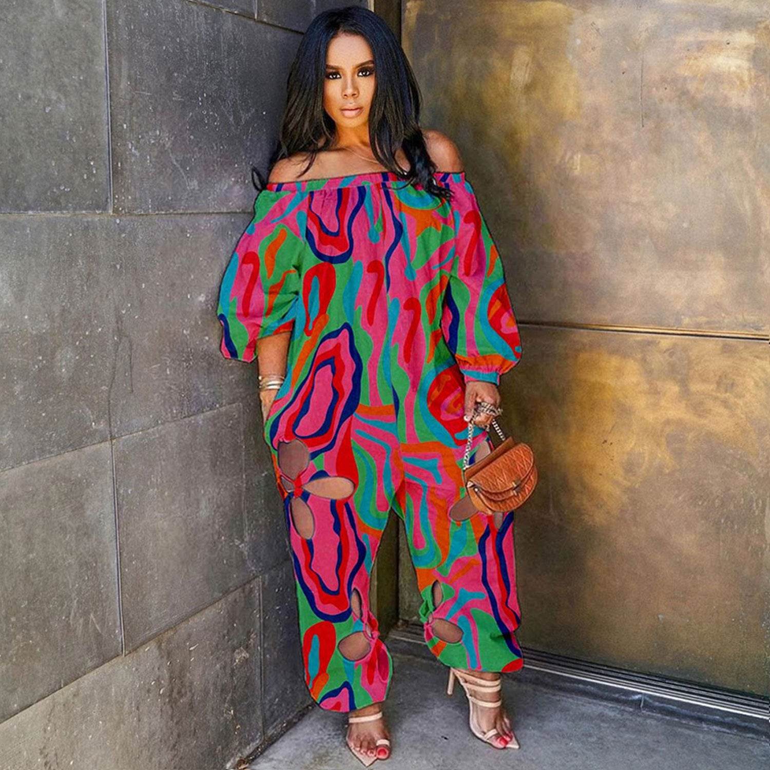 Sexy Slim Backless Crocheted Floral Print Plus Size Jumpsuit - Mubimart
