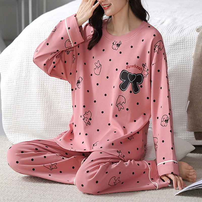 Loose Print Pajamas Women Autumn Winter Pyjama Set Long Sleeves And Trousers Elegant Sleepwear Girl Loungewear Home Clothes - Mubimart -  