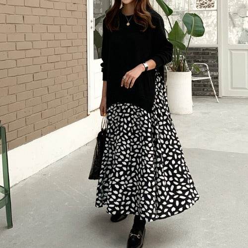 Plus Size Women's Long-sleeved T-shirt Stitching Print Big Swing Dress - Mubimart