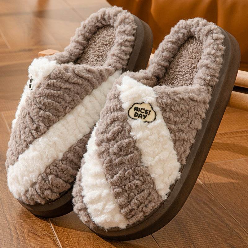 Fashion Color-matching Home Slippers Non-slip Couple House Shoes Winter Warm Floor Bedroom Slipper For Women Men - Mubimart