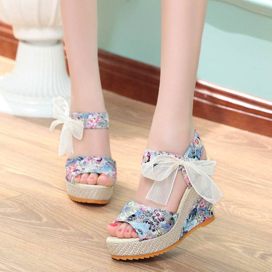 Sandals Women Wedge Heel Lace Lace High Heel Women Shoes - Mubimart