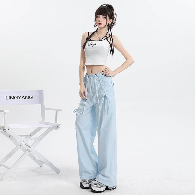 Straight Cargo Pants Women Bow Drawstring Wide Leg Track Pants - Mubimart