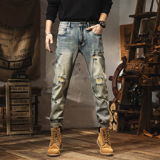 Vintage Distressed Jeans For Men's Slim Fit - Mubimart