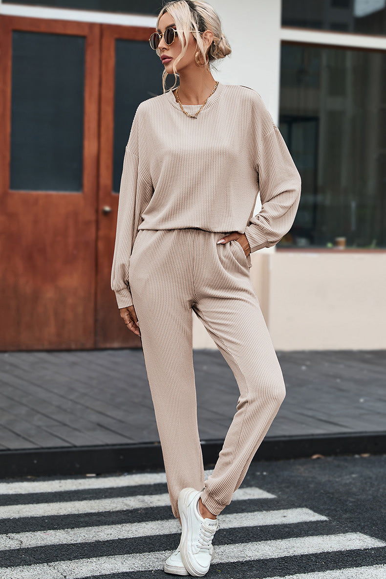 Solid Color Long-sleeved Trousers Loungewear Suit Casual Suit For Women - Mubimart -  