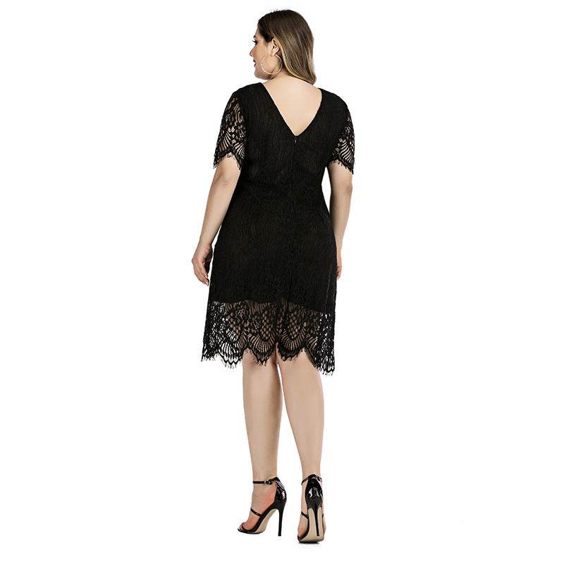 Summer Amazon Hot Large Size Women's Lace Dress Eyelash Plump Girls Waist Slimming Mini Midi Dress - Mubimart