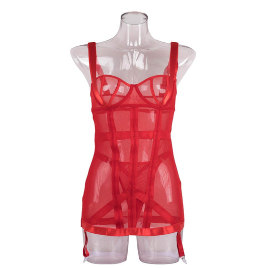 Heavy Craft Mesh Stitching Light Belt Jumpsuit Garter T-back - Mubimart