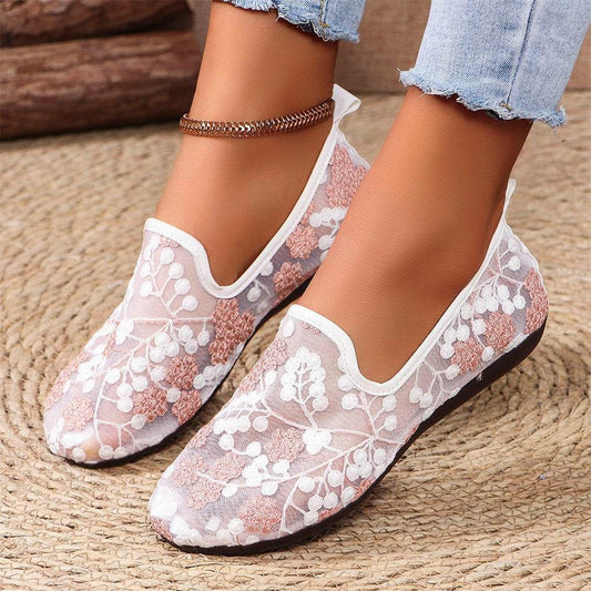 New Lace Embroidered Flat Shoes Summer Breathable Casual Loafers For Women - Mubimart