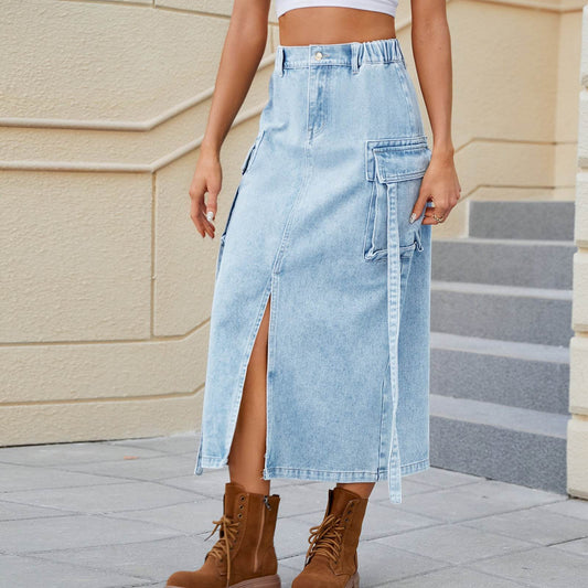 Washed Elastic Waist Ribbon Workwear Skirt - Mubimart