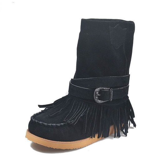 Fringe Middle Boots Women Sexy Tassel Boots Fashion Buckle - Mubimart