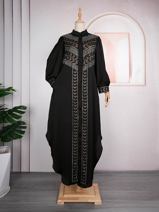 Women's Black Rhinestone Robe African Beaded Cardigan Plus Size Dress - Mubimart