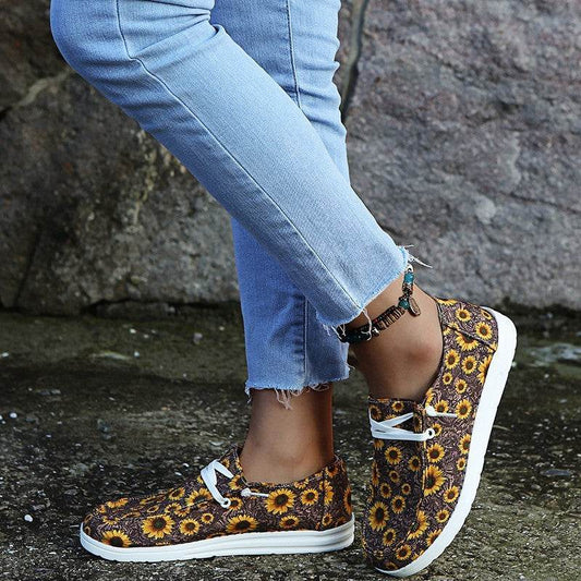 Loafers Women Sunflower Print Flats Casual Canvas Shoes Non-lace Lazy Shoes - Mubimart