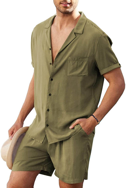 Men's Linen Short Sleeve Shirt Set Linen - Mubimart