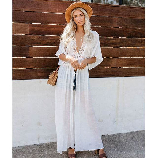 Women Crochet Beach Knitted Beach Cover Up Dress Tunic Long - Mubimart