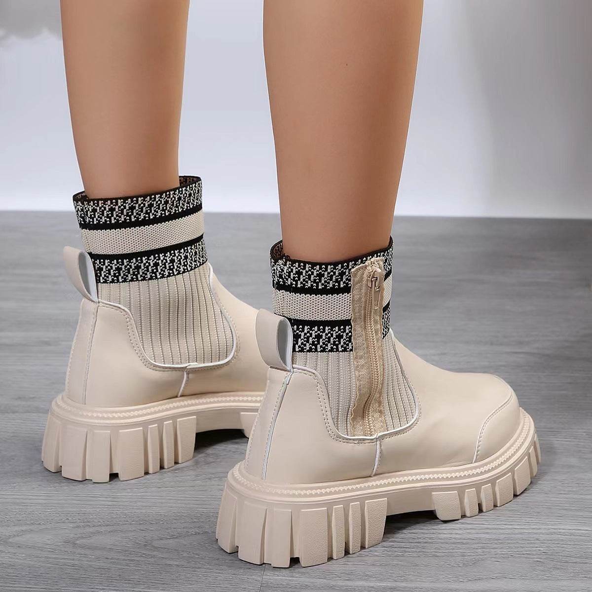 Fashion Mid-tube Boots With Zipper Design Non-slip Thick Sole Elastic Knitted Patchwork Boots For Women Round Toe Shoes Winter - Mubimart