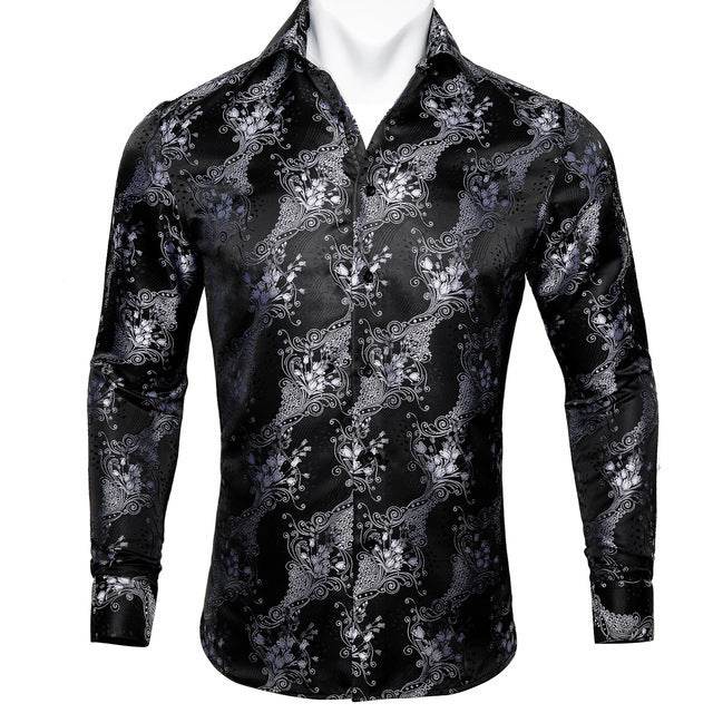 Barry.Wang Teal Paisley Floral Silk Shirts Men Autumn Long Sleeve Casual Flower Shirts For Men Designer Fit Dress Shirt BCY-05 - Mubimart