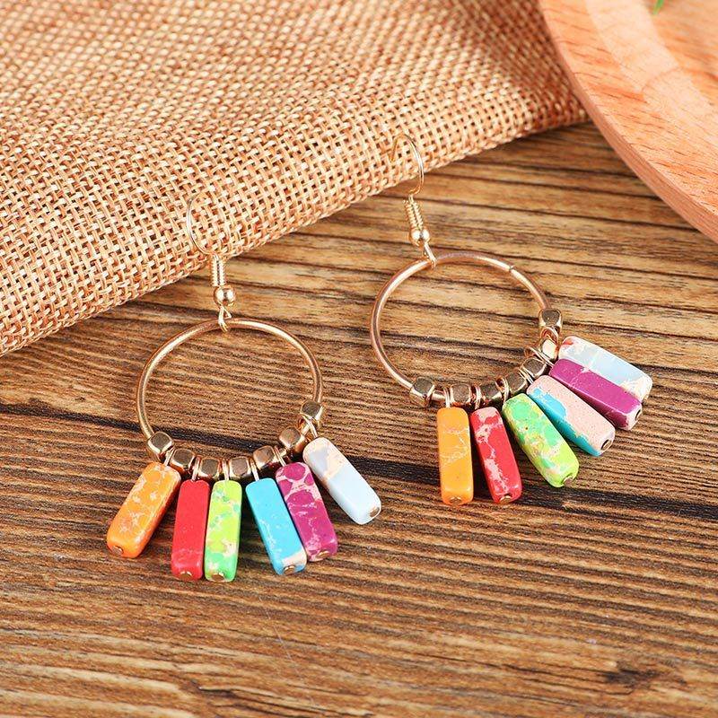 Bohemian Large Hoop Earrings Colorful Natural Turquoise Pendant Hoop - Mubimart