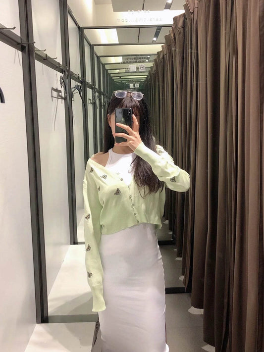 Women Fashion Butterfly Embroidery Cropped Knitted Blouses Vintage - Mubimart