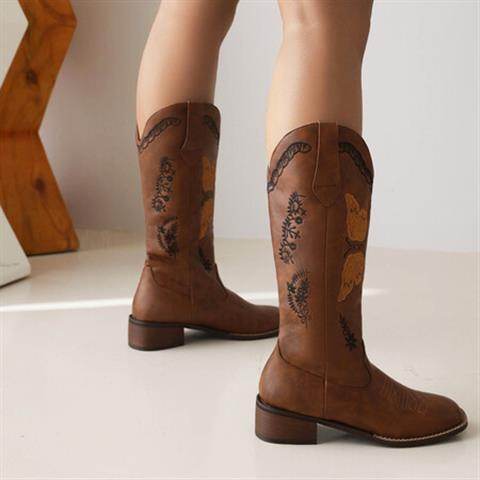 Embroidered Square Toe Mid-heel Boots For Women - Mubimart