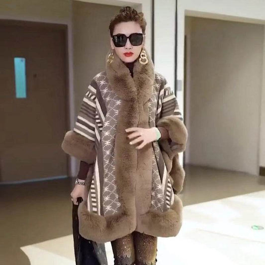 New Loose Plus Size Jacquard Fur Collar Shawl Wool Coat - Mubimart