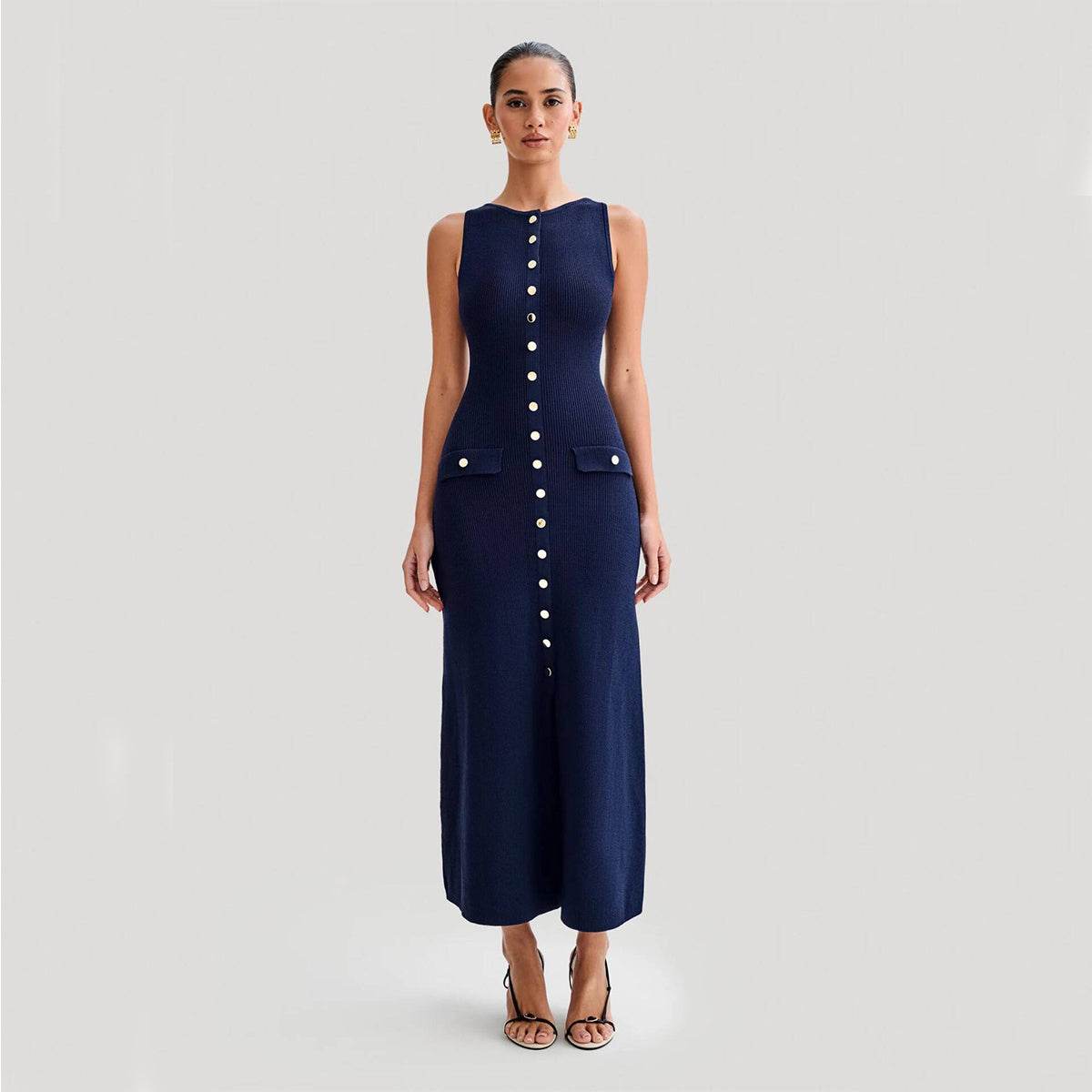 Elegant Knitted Sleeveless Dress With Single Breast Fashion Slim Round Neck Long Dresses Womens Clothing - Mubimart