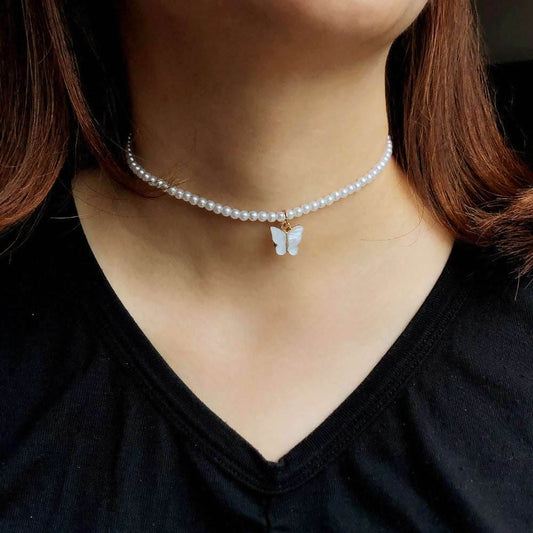 Elegant White Pearl Choker Necklace Small Round Pearl Wedding Butterfly Necklace For Women Charm Fashion Jewelry - Mubimart