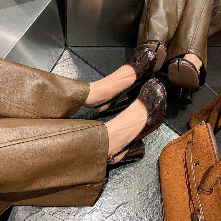 Split-toe Shoes Shallow Mouth Slingback Sandals Women's Chunky Heel Shoes - Mubimart