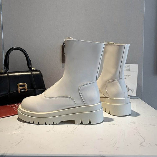 Retro Mid-calf Length Thin Front Women's Zipper Boots - Mubimart