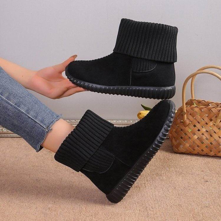 Flat Ankle Boots With Reversible Knitted Design Winter Fashion Comfortable Snow Boot For Women Shoes - Mubimart