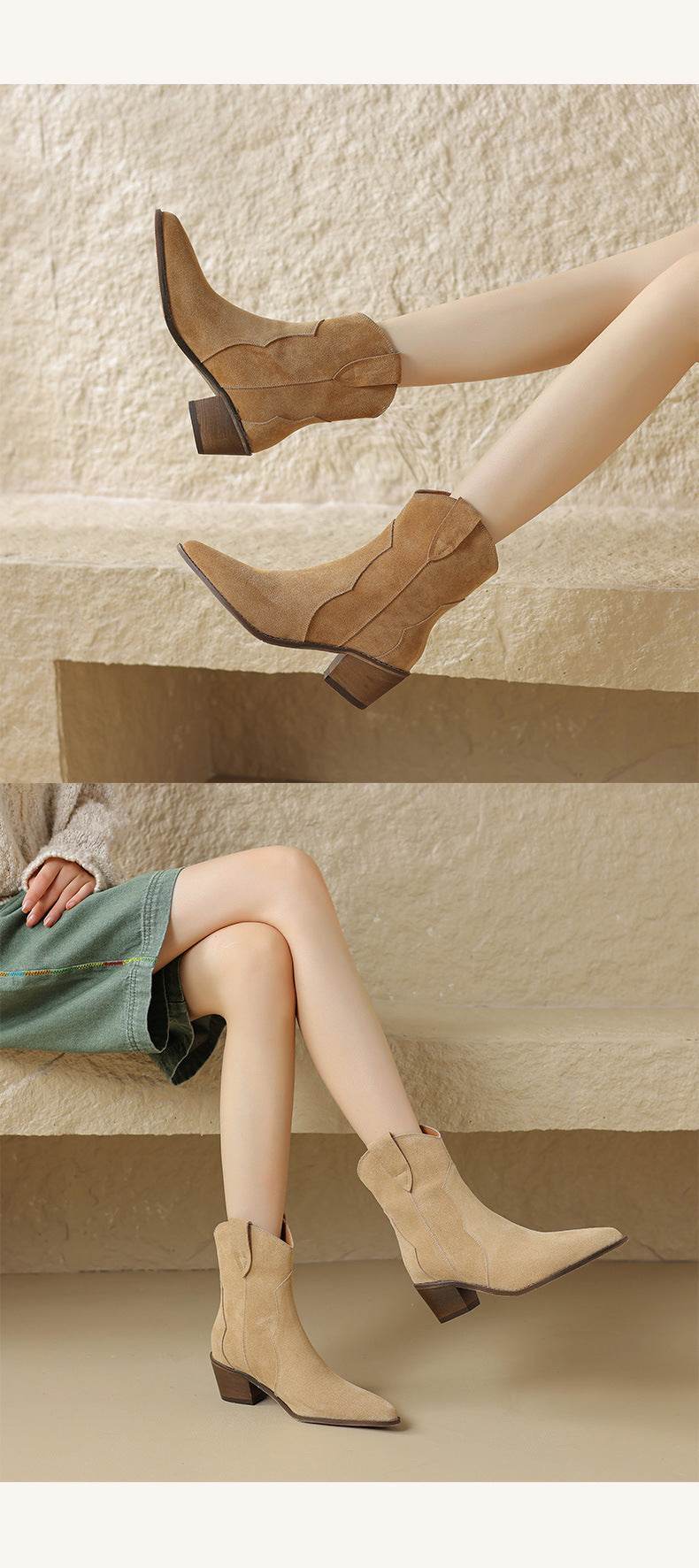 Pointed Toe Chunky Mid Heel Booties Fashion Matte Leather Boots - Mubimart