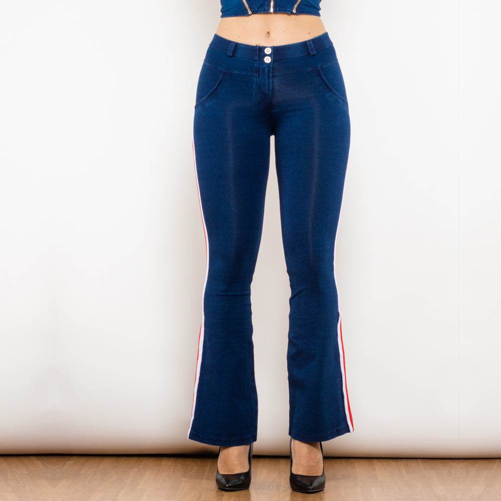Shascullfites Melody Fashion White Red Side Stripe Flare Jeans Butt Lifting Female Casual Elasticity Dark Blue Denim Bell Pants - Mubimart