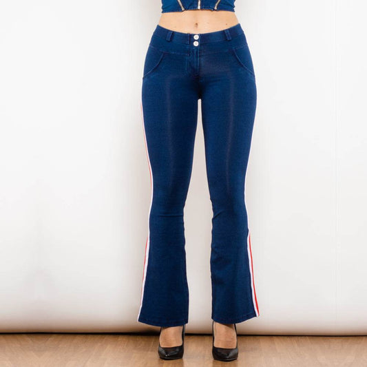 Shascullfites Melody Fashion White Red Side Stripe Flare Jeans Butt Lifting Female Casual Elasticity Dark Blue Denim Bell Pants - Mubimart