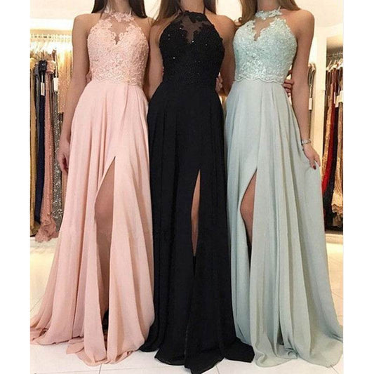 Halter Lace Chiffon Dress Prom Evening Dress Split Long Skirt - Mubimart