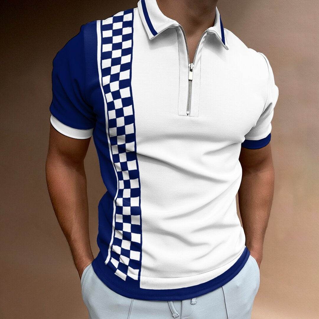Check Texture Polo Shirt Men's Polo Shirt National Stitching Color Print - Mubimart