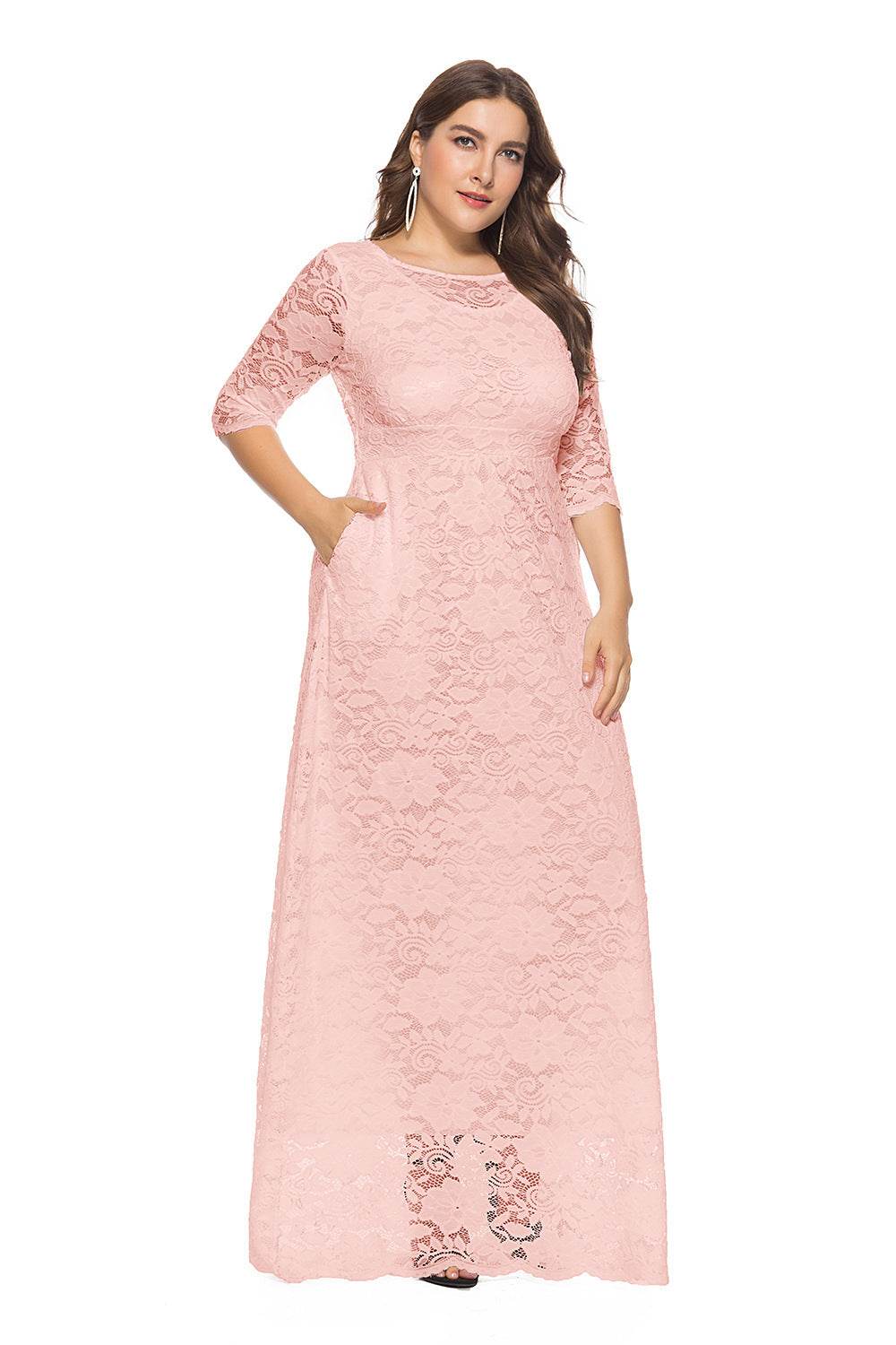Plus Size Women New Hollow Lace Pocket Dress - Mubimart