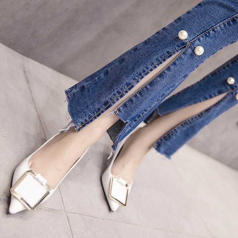 Slit Cropped Micro-flare Jeans Women Slim Slim Straight-leg Pants Trousers - Mubimart
