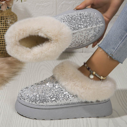 Fashion Sequined Thick-soled Plush Shoes Winter Indoor And Outdoor Casual Warm Slippers Women Garden House Shoes - Mubimart