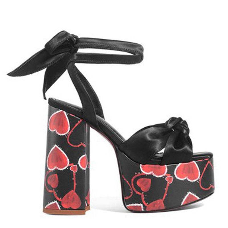 Summer Peep Toe Platform Thick Heel Bowknot Lace-up Super High Heels - Mubimart
