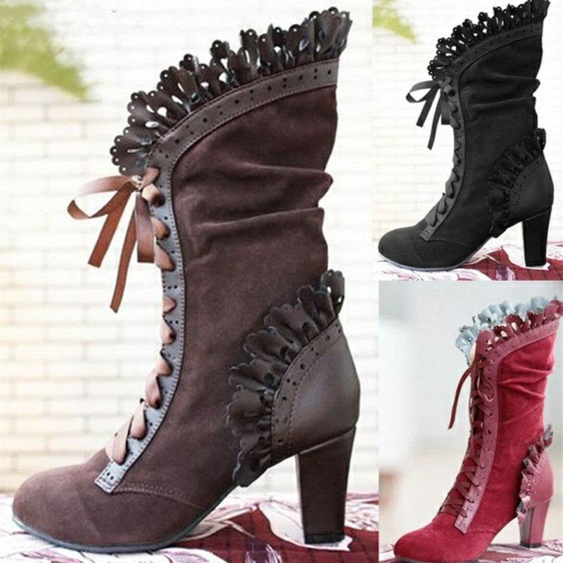 Lace-Up Combat Boot Women Ruffle Design Ethnic Shoes - Mubimart