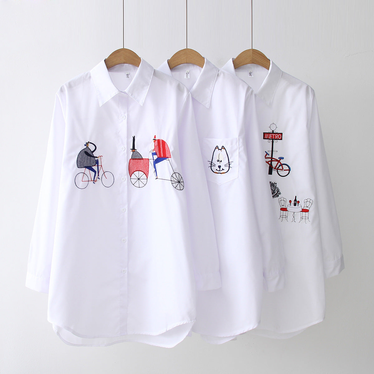 Button-down Collar Long-sleeved Cotton Shirt Embroidery