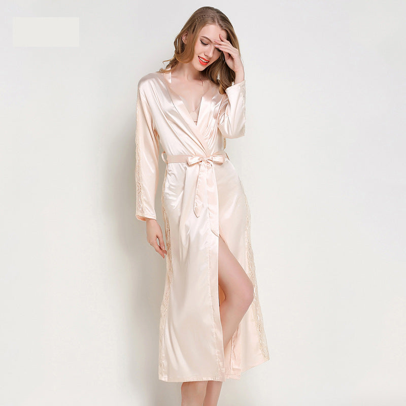 Fashion Ladies Pajamas Imitation Silk Nightgown Lace Sexy Long Nightgown Bathrobe - Mubimart -  