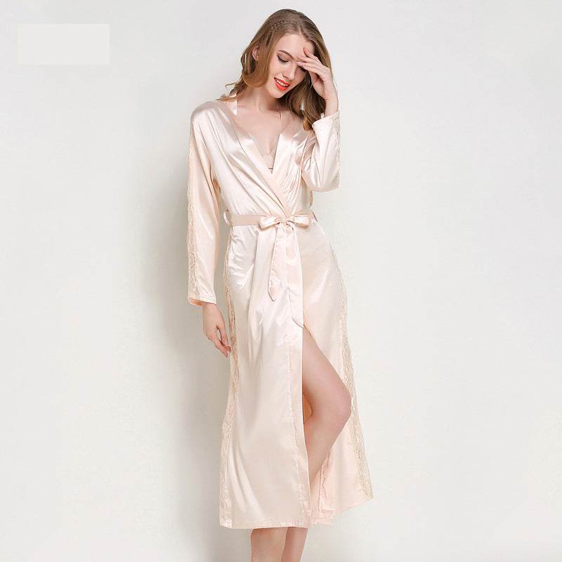 Fashion Ladies Pajamas Imitation Silk Nightgown Lace Sexy Long Nightgown Bathrobe - Mubimart