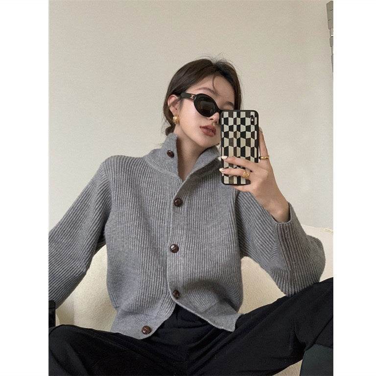 Stand-up Collar Knitted Top Women's Cardigan Loose Long-sleeved Sweater - Mubimart