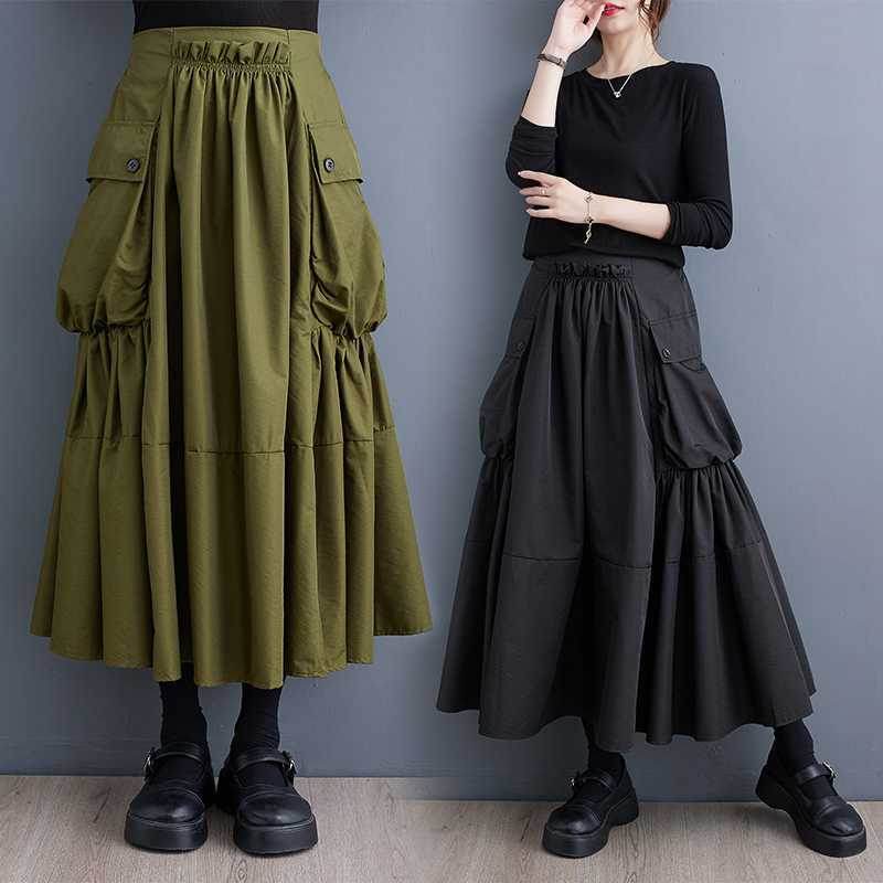 Loose Slimming Workwear Large Pocket Large Hem High Waist Pleated Skirt - Mubimart