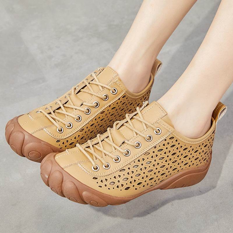 Leather Hollow Rubber Sole 3cm Comfort Shoes - Mubimart