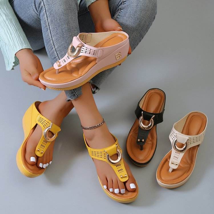 Thong Sandals Women High Heel Wedges Shoes Flip Flops Metal Decorative Slides Slippers - Mubimart