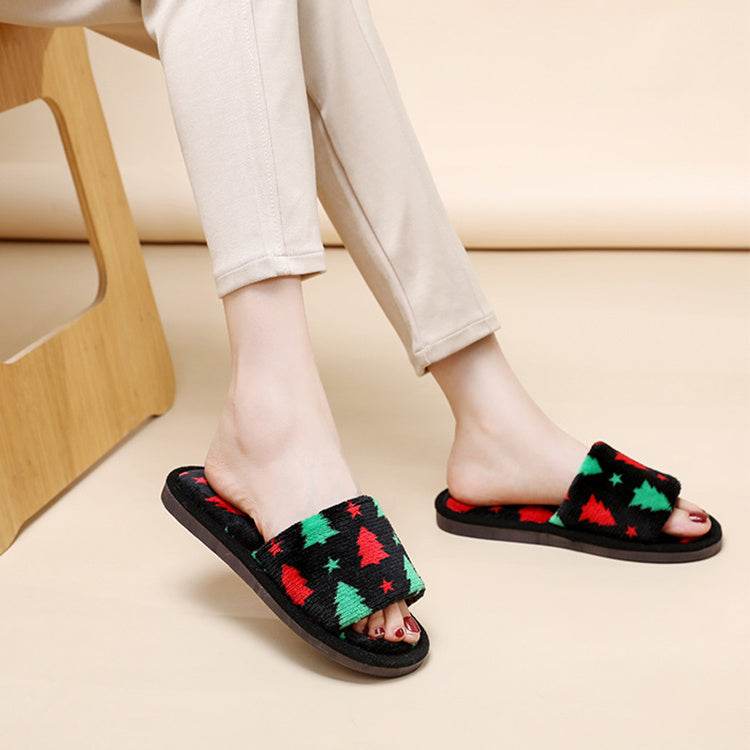 Christmas Tree Home Slippers Fashion Floor Bedroom Open-toe Plush Slippers For Women Fuzzy House Shoes - Mubimart