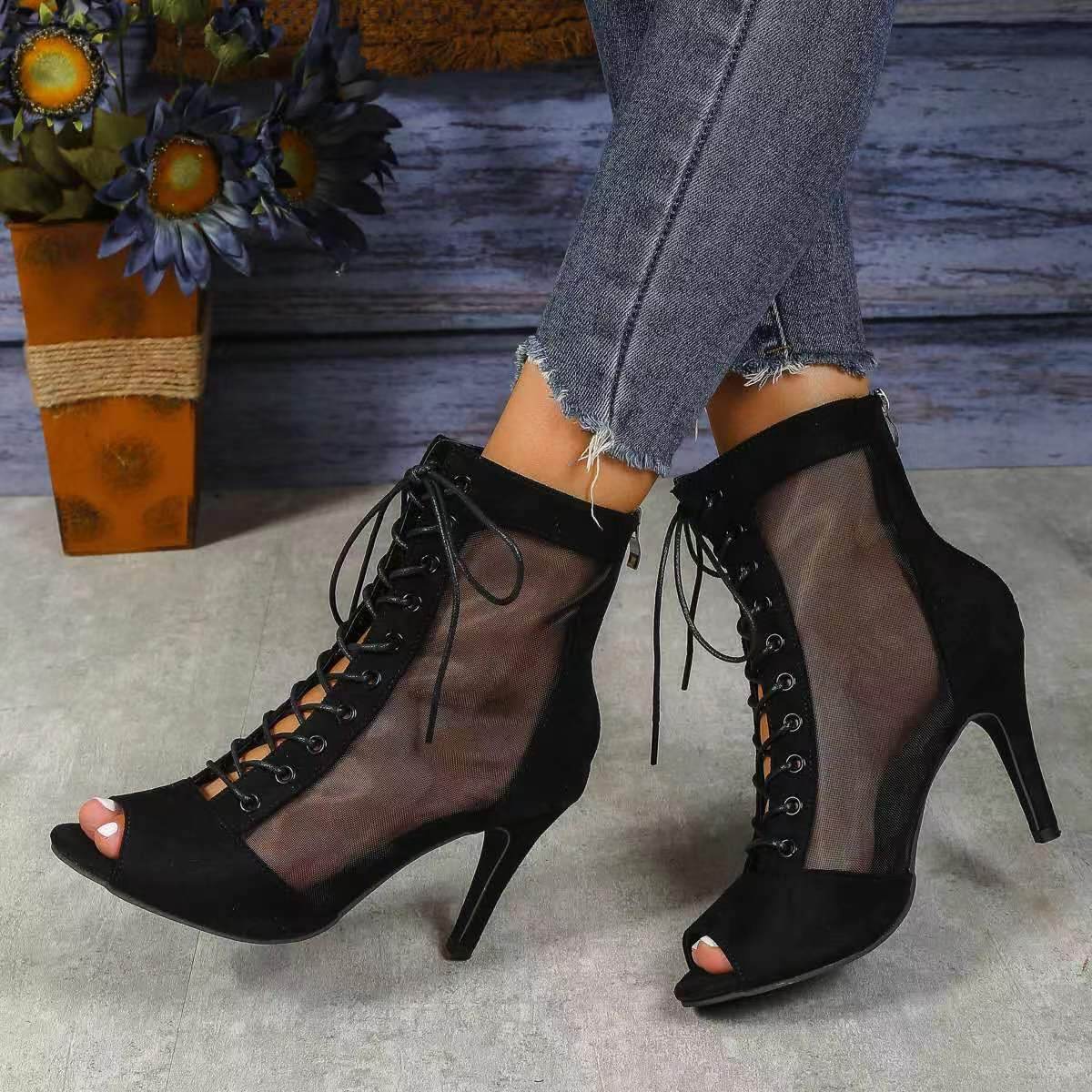 Mesh Fish Mouth Sandal Boots Female Stiletto Heel High Sandals - Mubimart